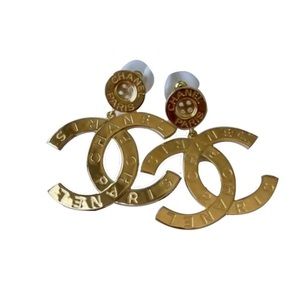 Chanel B21 CC Gold XL Button Paris Drop Earrings